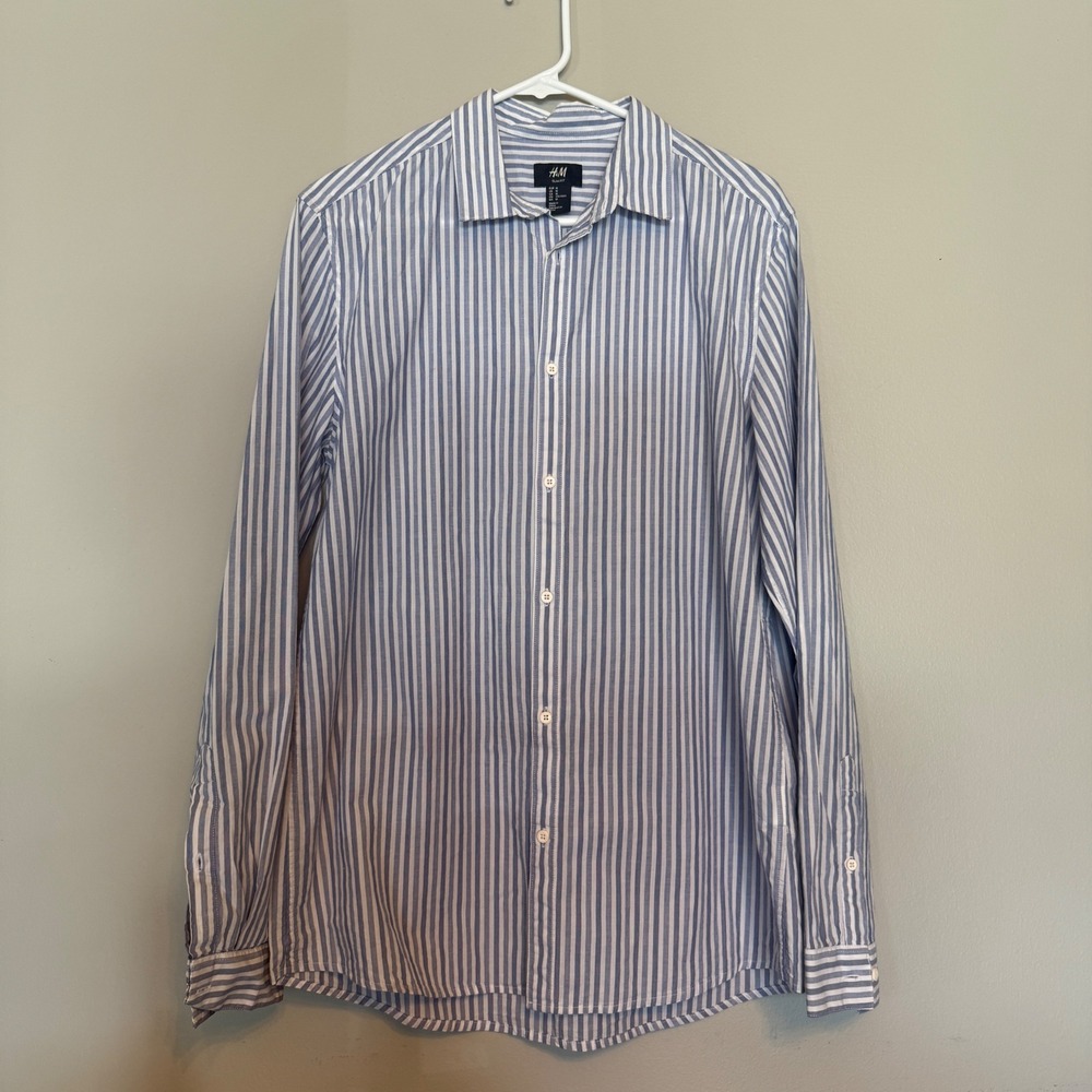 H&M Mens Slim Fit Blue White Striped Long Sleeve Button Down Cotton Shirt Medium